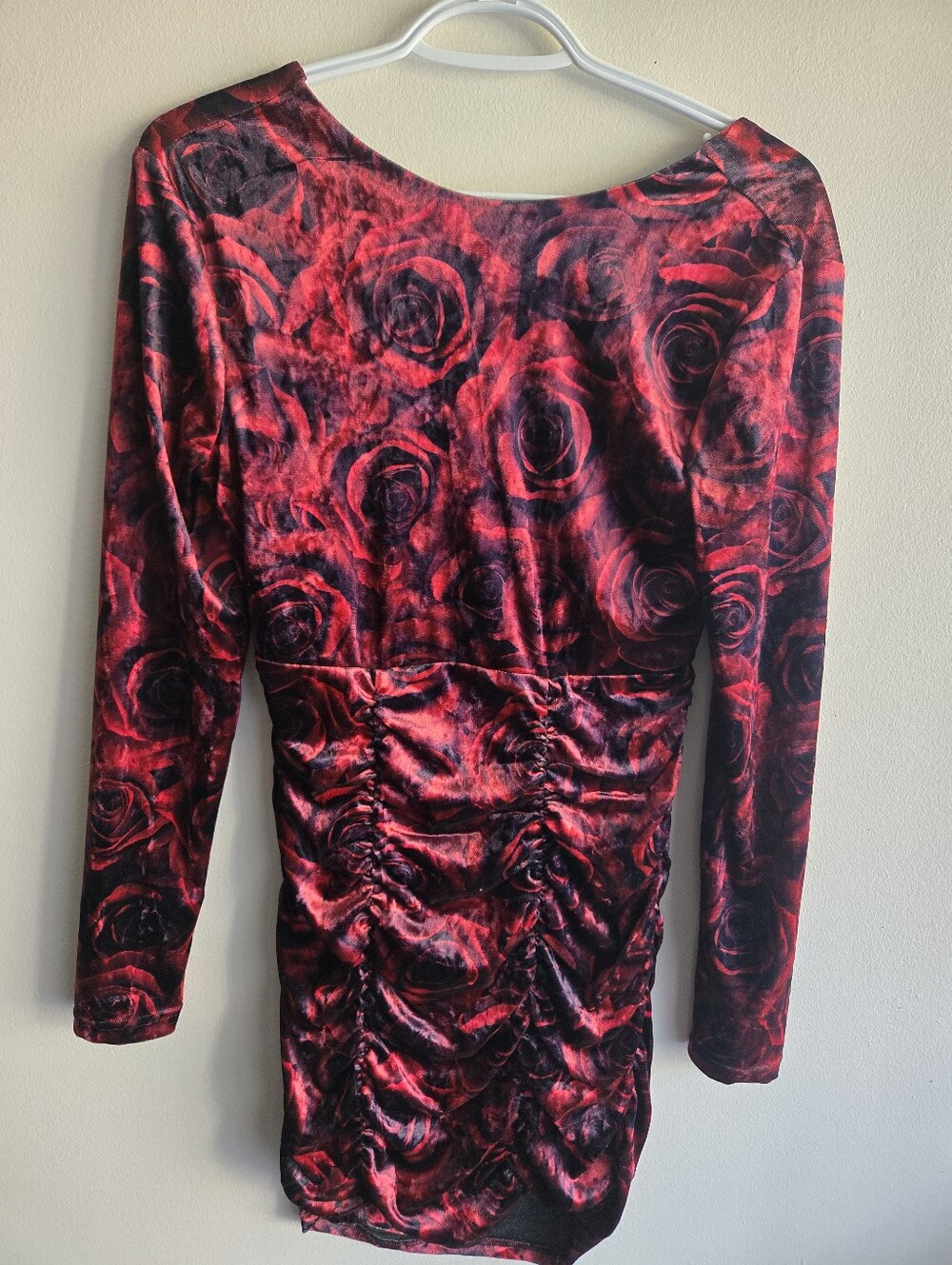 Suzy Shier Red and Black Long Sleeve Velvet Rose Print Dress